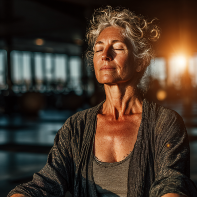 Літня жінка практикує йогу на природі